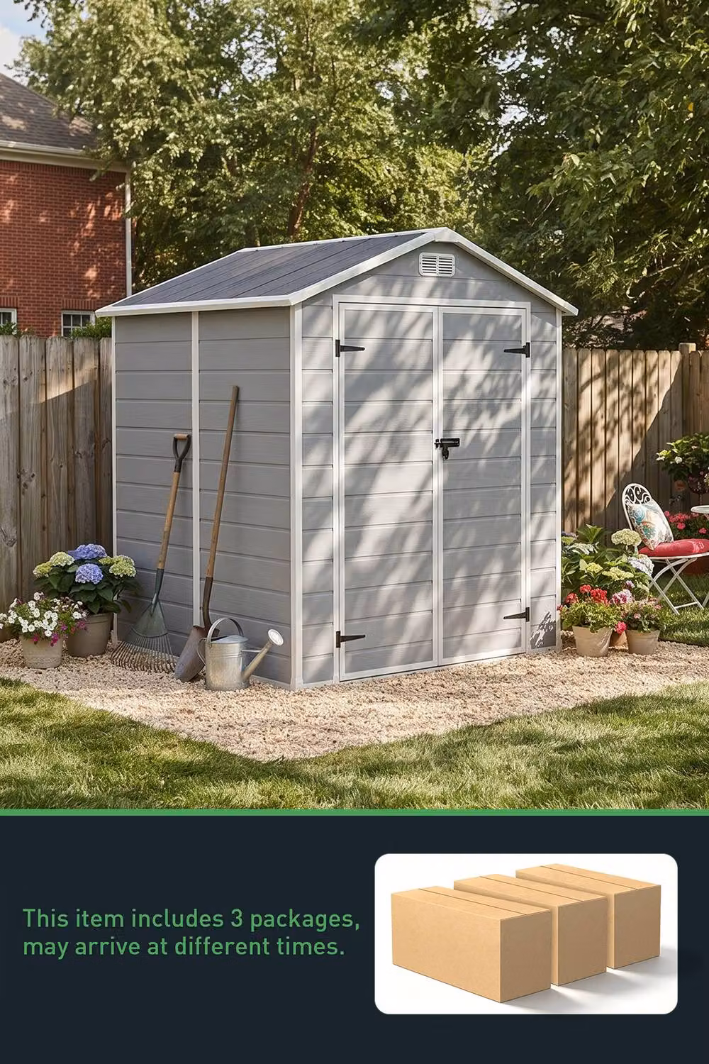 Living and Home Grey Plastic Outdoor Garden Storage Shed with Gable Roof, W/D/H: 182.88 x 182.0 x 219.0 cm – 4