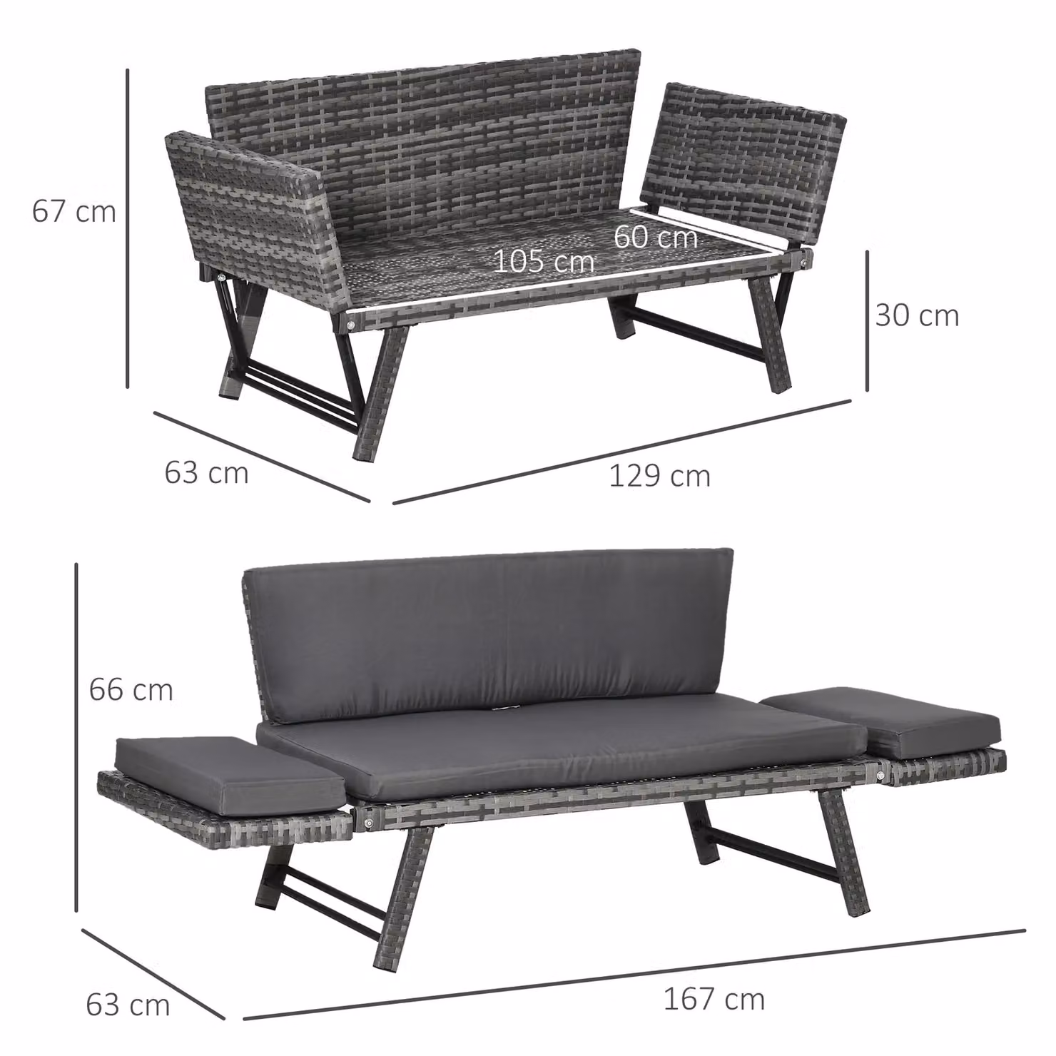 OUTSUNNY 2-in-1 Rattan Folding Chaise Lounger with Cushion in Grey – 3