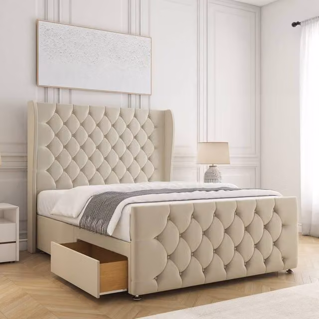 BSSPOKE Anna Plush Velvet Super King Divan Bed with 54 inch Headboard and 2 Drawers in Beige