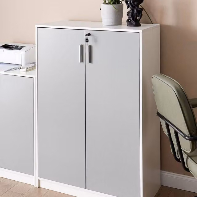 Wyld and Coco Modern Locking 2-Door Cabinet in Light Grey with White Interior – 1