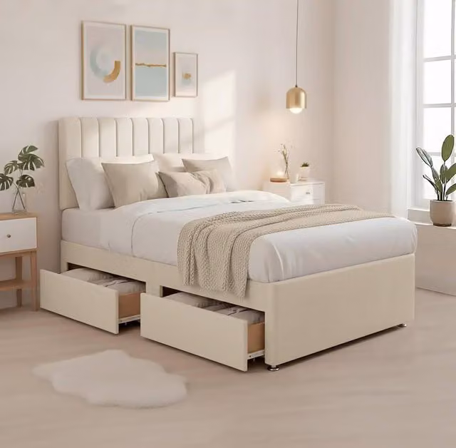 Bed Time UK Luxe Single Hybrid Divan Bed with 20in Headboard and 2 Drawer Storage in Beige