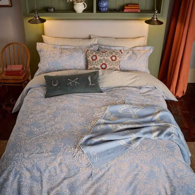 Joules Balmoral Reversible Floral Cotton Percale Double Duvet Cover and Pillowcase Set, Blue and Green, W: 200 cm, H: 140 cm