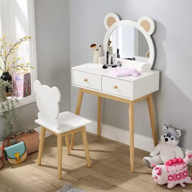 Home Source Modern Glossy White Childrens Dressing Table and Chair Set
