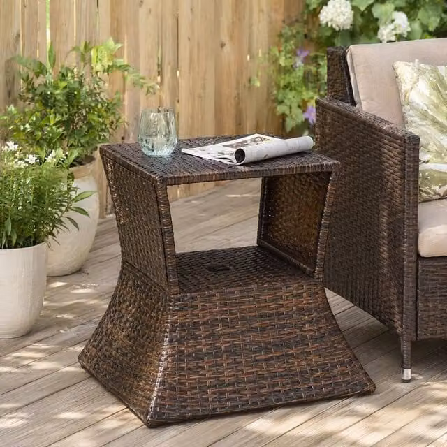 STILVORA Brown Outdoor Table with Parasol Hole and Storage Shelf