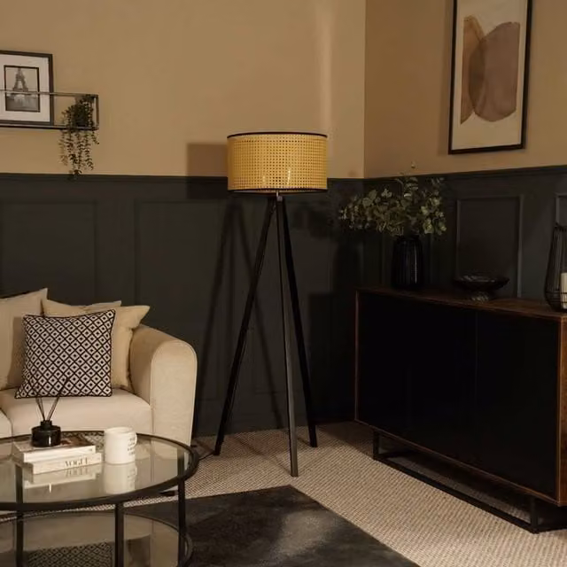 ValueLights Barbro Black Wood Tripod Floor Lamp with Beige Fabric Cylinder Shade, H 130 cm – 1