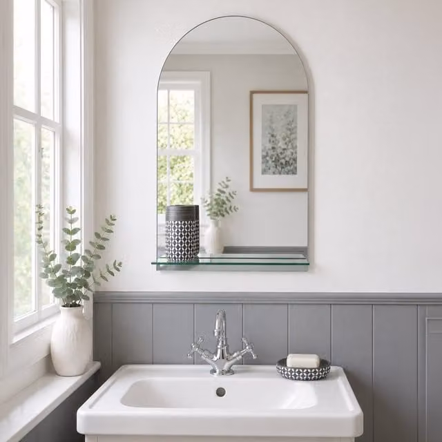 Showerdrape Greenwich Arched Oval Frameless Wall Mounted Bathroom Mirror with Vanity Shelf in Silver, W: 70 cm, H: 50 cm