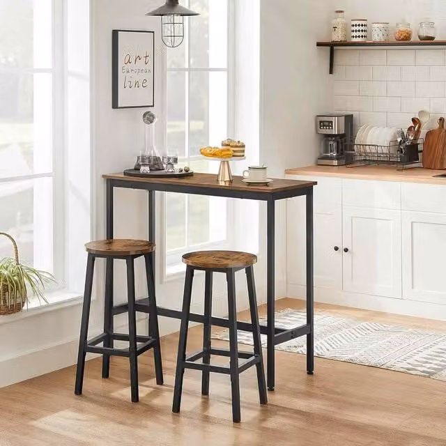 The Bazaarist Breakfast Bar Table Set with 2 Stools in Rustic Brown and Black