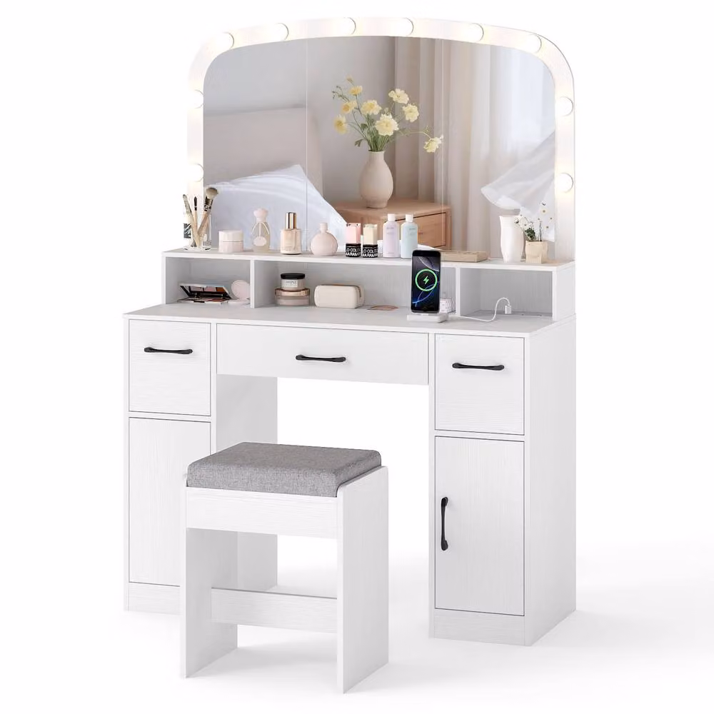 Costway Modern Dressing Table with Stool and LED Mirror Lights in White – 2