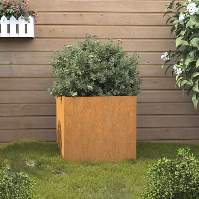 Berkfield Home Brown Corten Steel Ornamental Garden Planter Tub W: 42 cm, D: 40 cm, H: 39 cm – 1