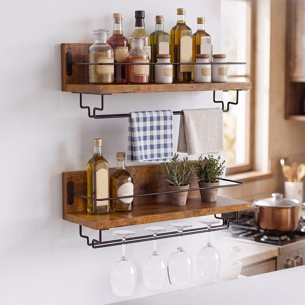 Levede Brown Wall Mounted Floating Wine Rack and Glass Holder with Back Panel – 2