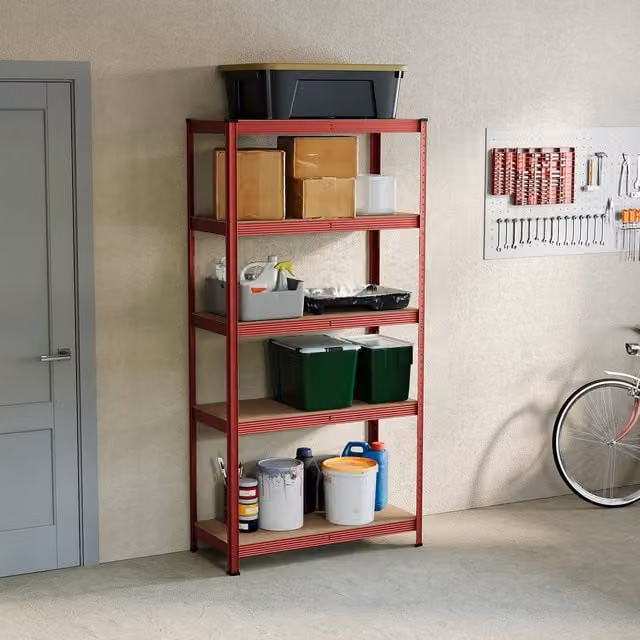 Vida Designs Red 5 Tier Adjustable Metal and MDF Corner Garage Shelving Unit H 150 cm x W 150 cm x D 150 cm