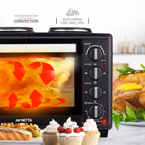 NETTA 35L Mini Oven with Double Hotplate and Electric Grill in Black and Silver, 2500W Countertop Cooker with 230°C Temperature Control and Timer – 5