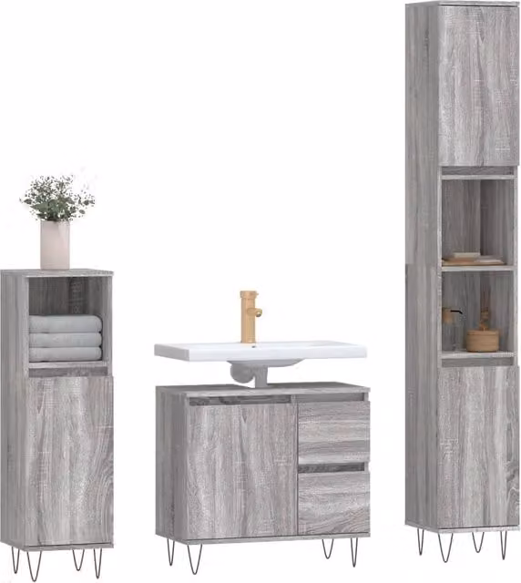 Berkfield Home Modern 3 Piece Grey Bathroom Furniture Set including Tall Cabinet, Side Cabinet and Vanity Unit