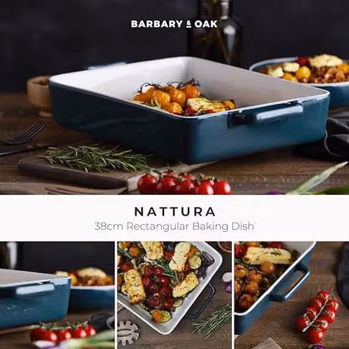 Tower Nattura Rectangular Stoneware Lasagne Dish with Handles, Green or Blue, 38 cm – 7