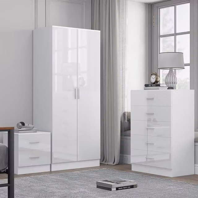 REFLECT Bedroom Furniture Bundle including 2-Door Plain Wardrobe, Chest of Drawers and Bedside Table in White Gloss and Matt White