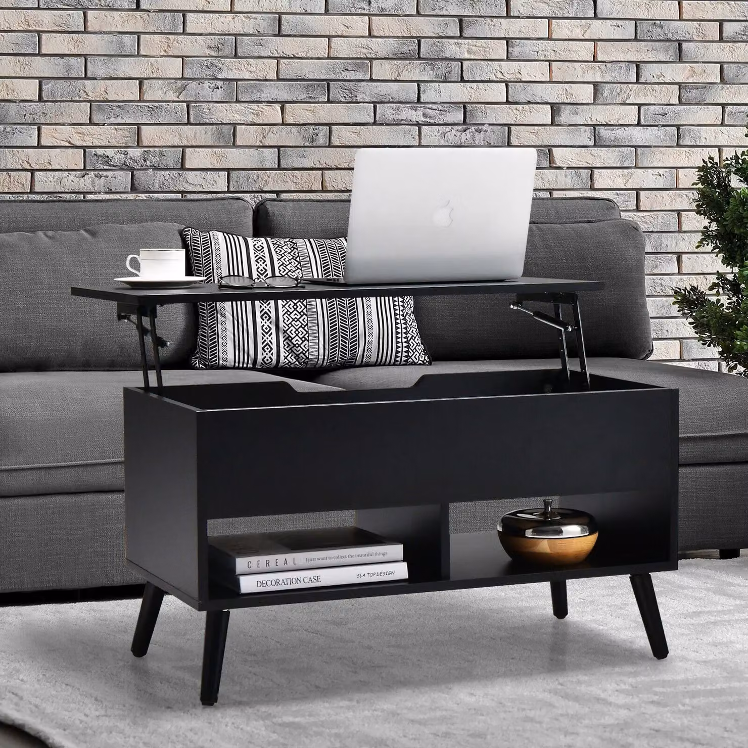 Gymax Modern Rectangular Lift Top Coffee Table with 2 Open Shelves in Black – 4