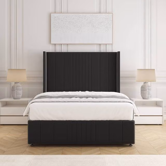 BSSPOKE Elise Plush Velvet Divan Bed Set with Headboard and Mattress, Black, W/D/H: 90 x 190 cm