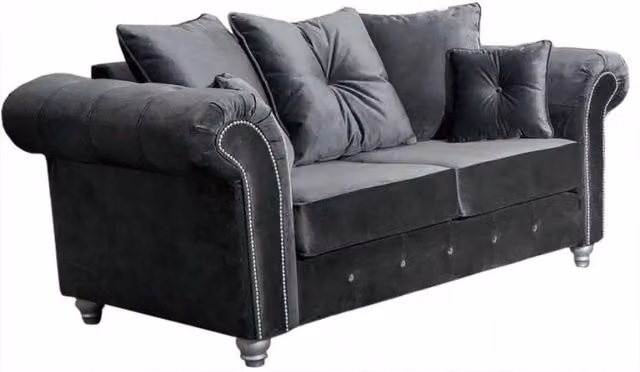 Snugg Furniture UK Limited Raven Plush 2 Seater Grey Velvet Sofa with Button Arms and Scatter Cushions – 1