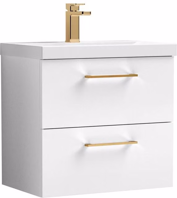 Balterley Wall Hung 2 Drawer Bathroom Vanity Unit with Basin, White with Brushed Bronze Handles, W/D/H: 61.0 x 39.0 x 39.9 cm