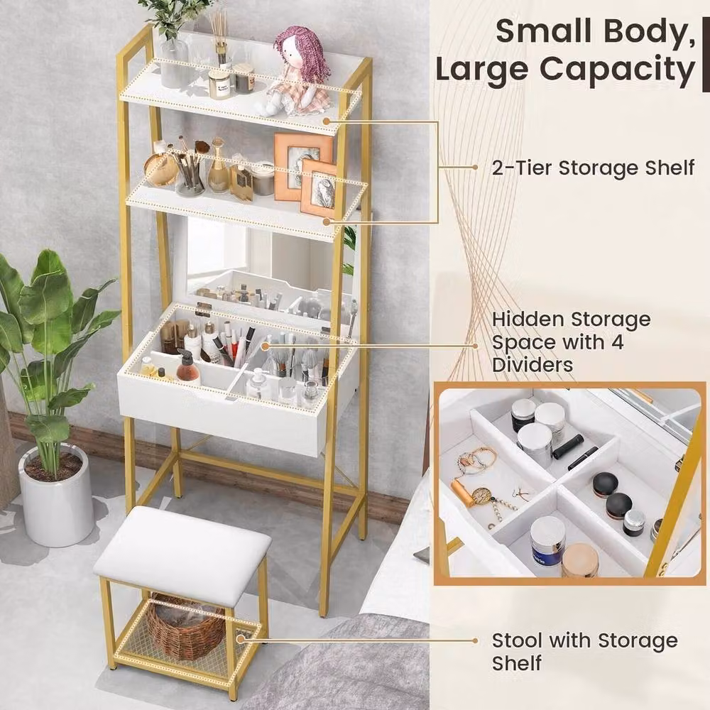 VOGREX 3-in-1 Modern White Vanity Desk with Shelf, Stool and Tri-fold Mirror – 2