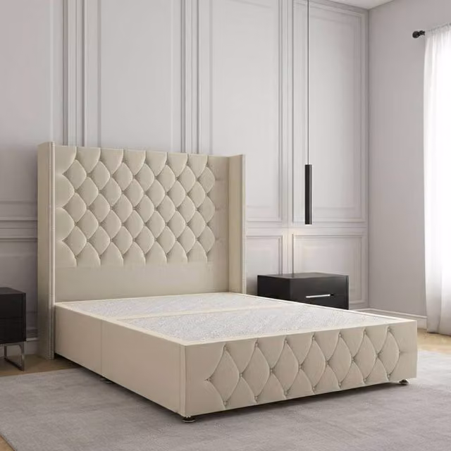 Regional Furnishings Double Plush Velvet Divan Bed with Headboard and Footboard in Beige, W/D/H: 140 x 200 cm