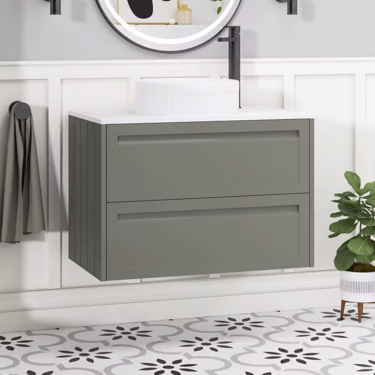 Royal Bathrooms Elmore Matt Green Wall Hung 2 Drawer Vanity Unit with White Round Basin, Width: 80 cm