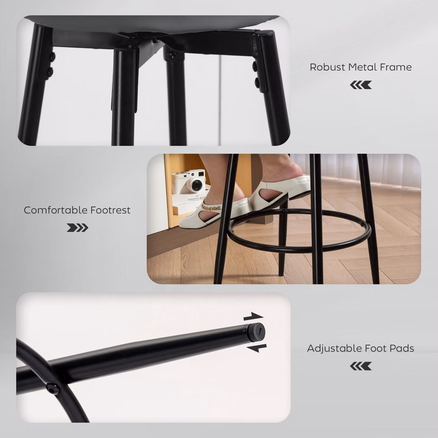 HOMCOM Set of Two Modern Faux Leather Bar Stools in Grey and Black with Metal Legs – 3