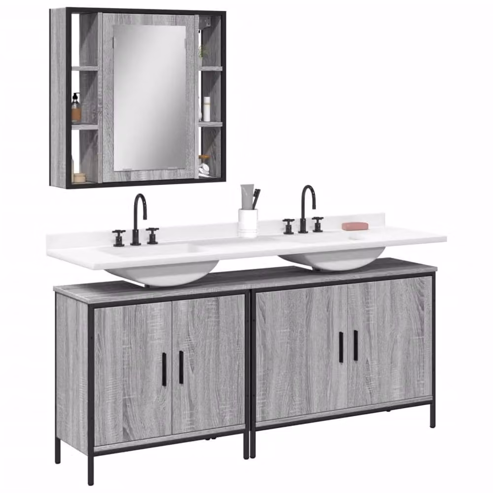 Berkfield Home 3 Piece Modern Grey Bathroom Cabinet Set with Mirror Cabinet and Vanity Unit – 2