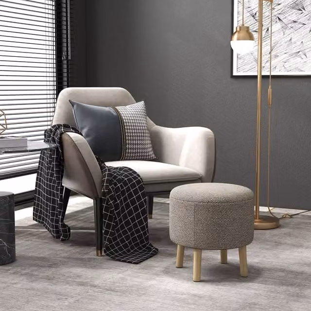 HOMCOM Round Storage Footstool with Padded Polyester Seat in Light Grey and Oak Wood