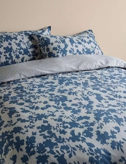 M&S Cotton Rich Floral Reversible Bedding Set, Slate Blue, 140 x 200 cm