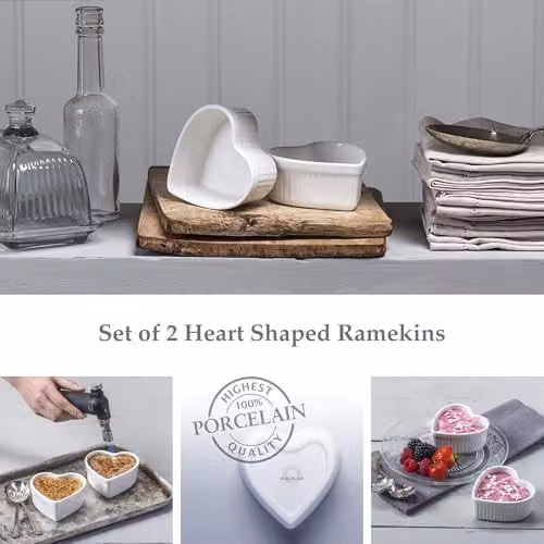 WM Bartleet & Sons Porcelain Heart Shaped Ramekins, Set of 2, White, W/D/H: 9 x 9 x 4 cm – 2