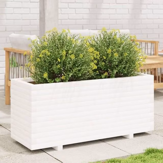 Berkfield Home Rustic White Garden Planter in Solid Pine Wood, W: 110 cm, D: 40 cm, H: 49.5 cm