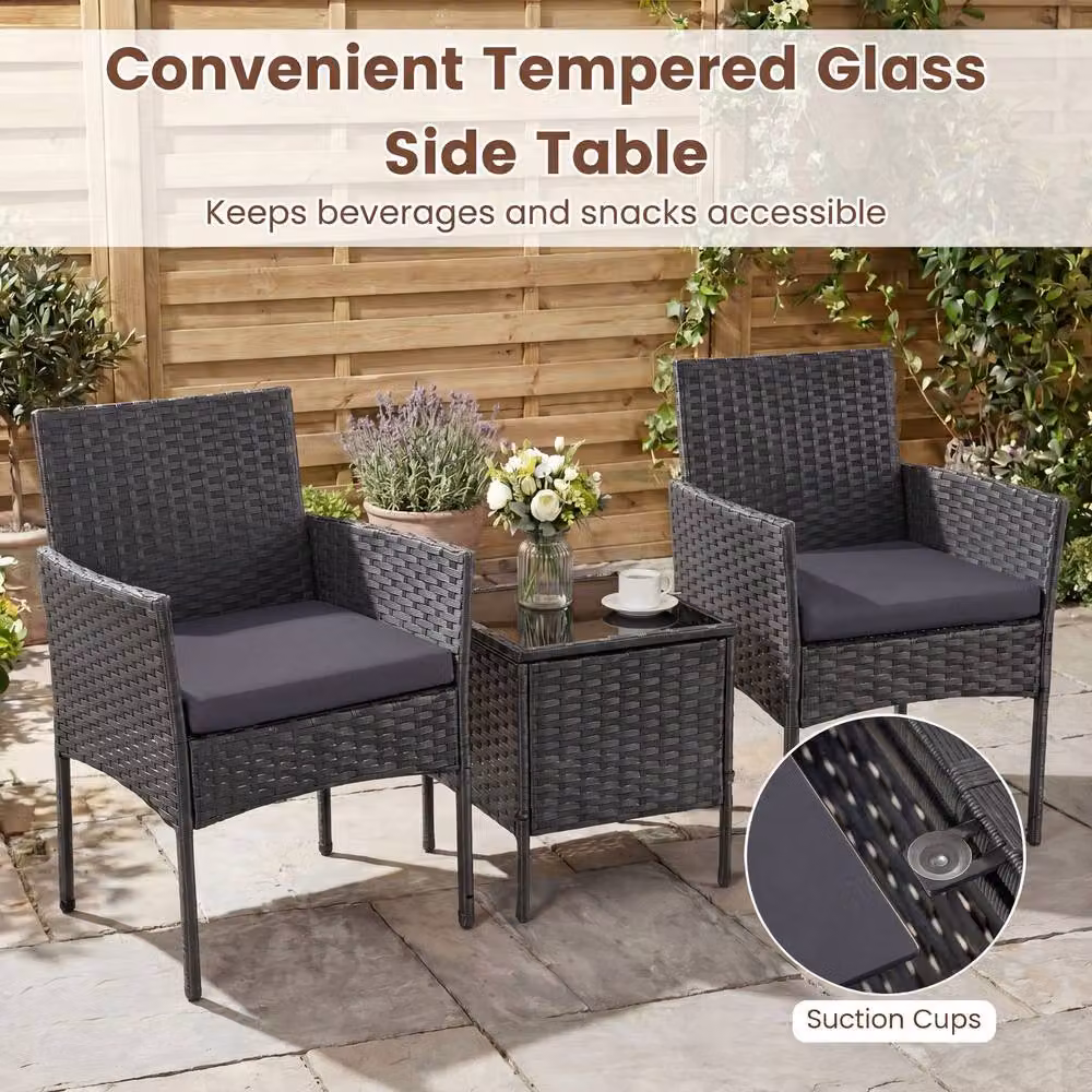 Costway 3-Piece Grey Rattan Garden Conversation Set with Cushions and Glass Top Table – 5