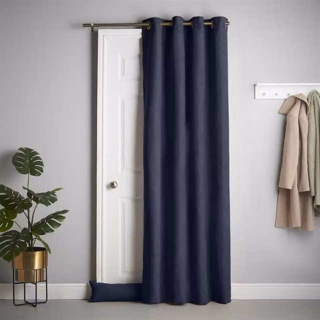 Livinluxury Navy Blue Velvet Chenille Thermal Blackout Door Curtain with Sound Dampening and Fleece Lining