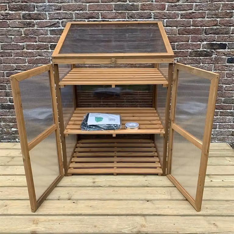 Nordara Brown Wooden Framed Pent Growhouse with Polycarbonate Shelving and Waterproof Cover