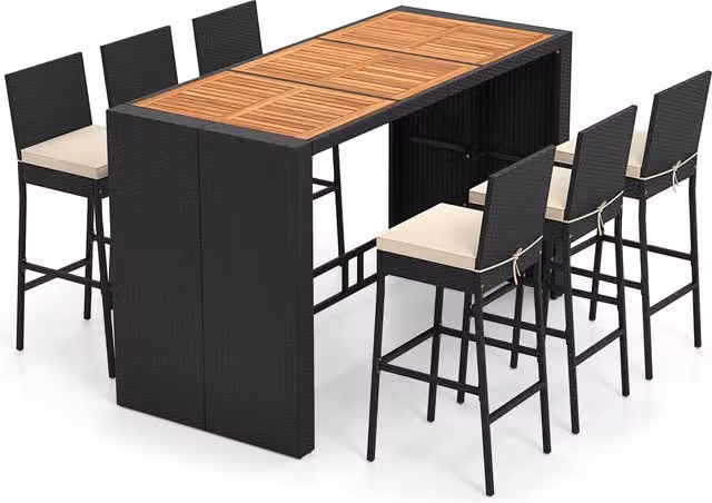Costway 7 Piece White Rattan Patio Bar Set with Acacia Wood