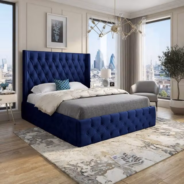 KDMD Verwood Winged Upholstered Designer Bed Frame in Blue Velvet, Size: 180 x 200 cm