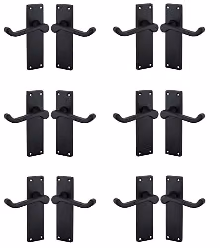 Golden Grace Victorian Scroll Lever Latch Door Handles with Plate, Matt Black, 6 Pairs