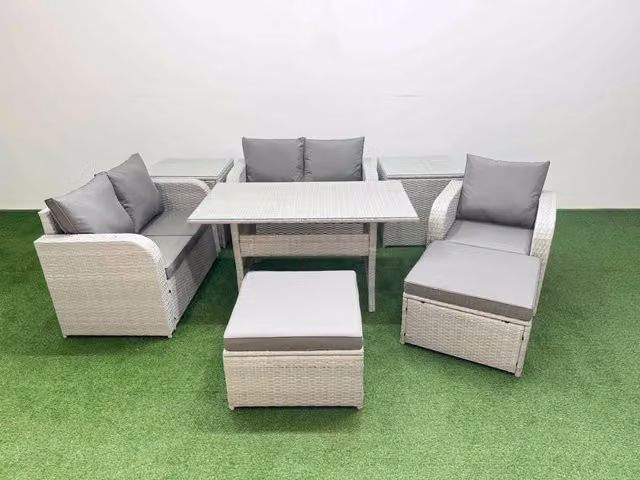 Fimous Grey Poly Rattan Garden Furniture Set with Reclining Chair, Loveseat Sofa, Rectangular Dining Table and 2 Stools