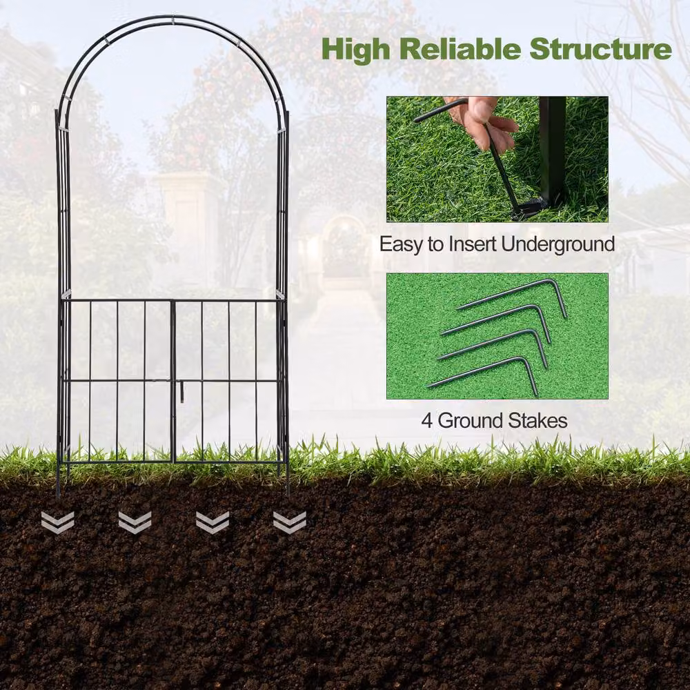 Gymax Black Metal Tall Arbour Archway Garden Trellis with Gate and Plant Stand, Height: 230 cm – 3