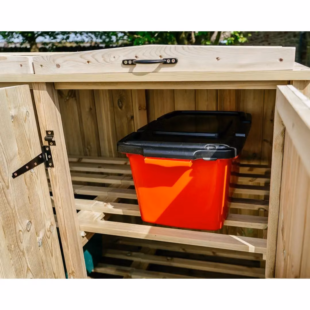 Buttercup Farm Brown Wooden Bin Store for 3x 180L/240L Wheelie Bins and 4x Boxes, W/D/H: 146.0 x 120.0 x 80.4 cm – 4