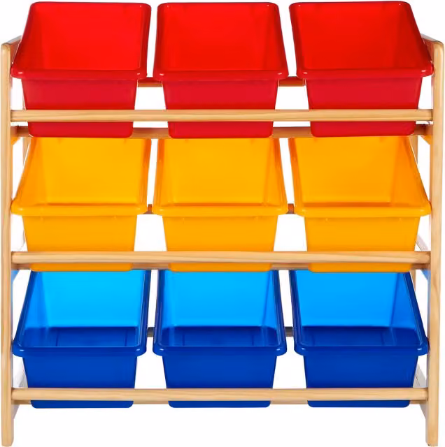 Orsina 3 Tier Wooden Toy Organiser with Multicolour Plastic Bins