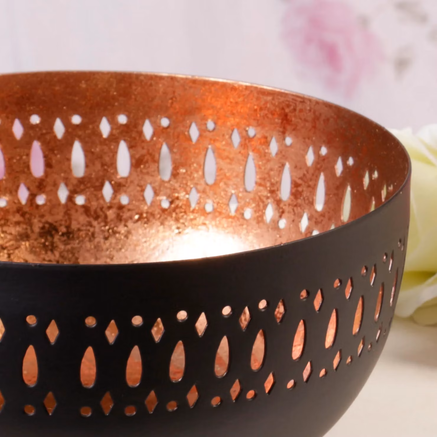 Dibor Decorative Laser Cut Geometric Tea Light Candle Holder Bowl in Black and Bronze Metal – 3