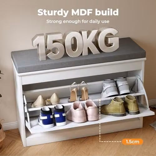 Levede Modern Shoe Storage Bench with Grey Fabric Cushion and Adjustable Shelves, W/D/H: 60 x 24 x 51 cm – 4