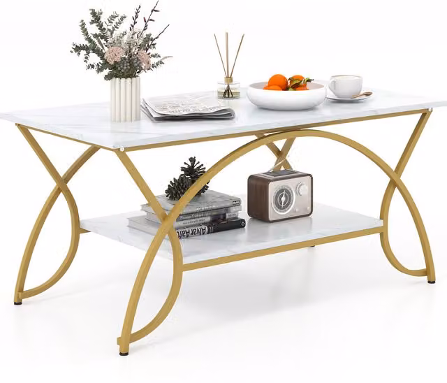 COSTWAY Modern Marble Accent Sofa Side Table in White, Black and Gold