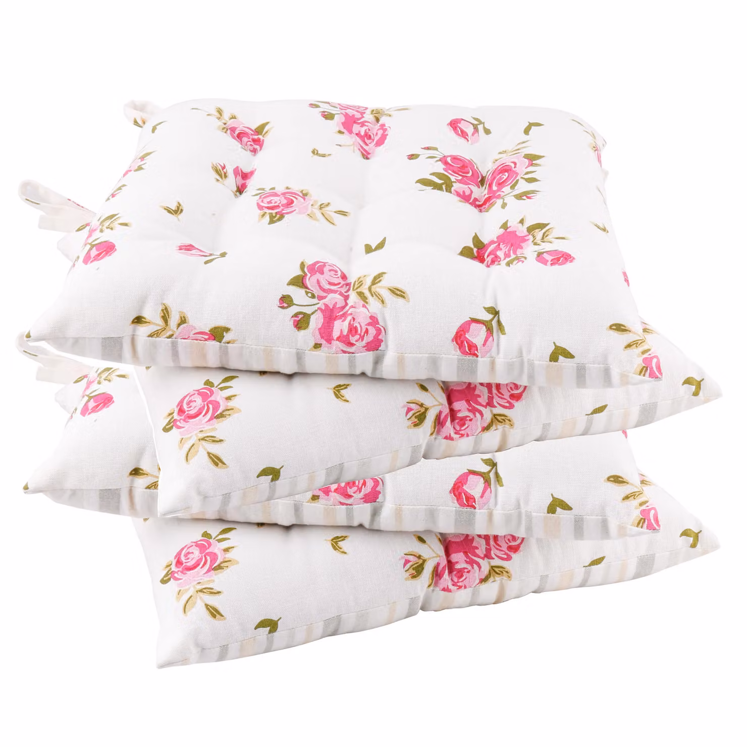 Dibor Set of 4 Vintage Pink, Green and White Floral Print Reversible Indoor Outdoor Chair Seat Pads, W/D: 40 x 40 cm – 2