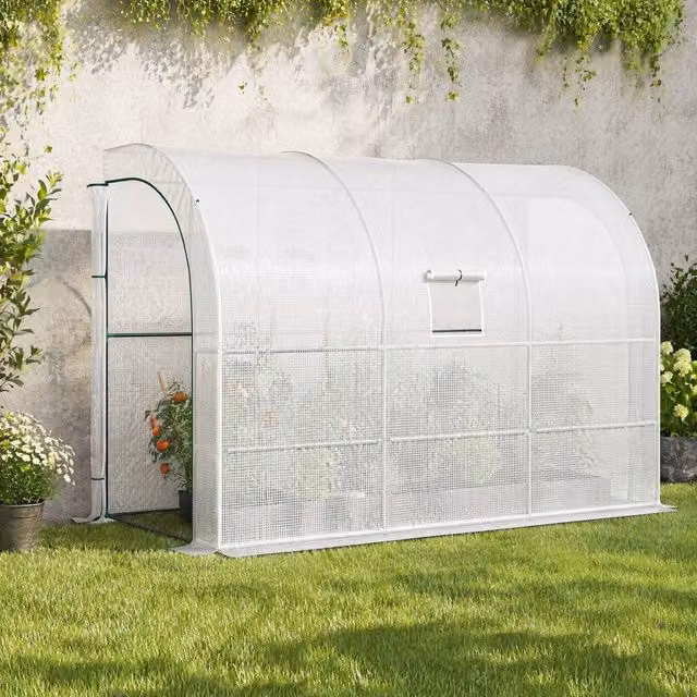 STILVORA White Lean-To Pent Greenhouse with 3-Tier Shelving, W: 300 cm, H: 213 cm, D: 150 cm