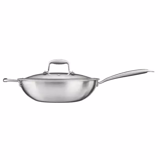Cooks Professional Tri-Ply Wok with Glass Lid and Ceramic Non-Stick Coating in Silver, 28cm – 2