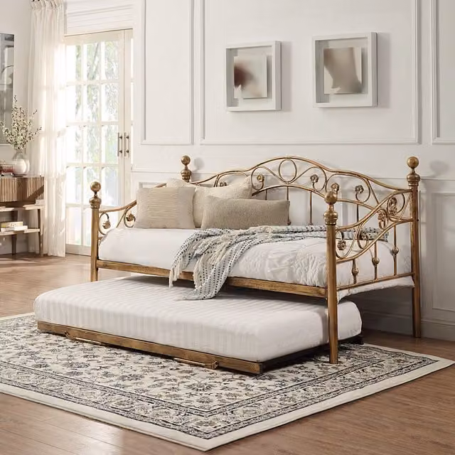 SlumberWorx Antique Metal Day Bed Frame with Trundle in Gold, 100 x 200 cm