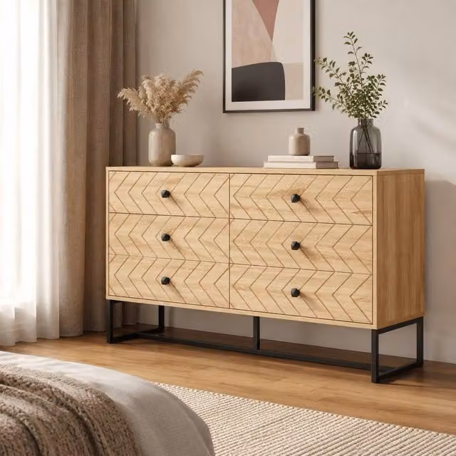 STILVORA 6 Drawer Chest of Drawers with Geometric Zigzag Design in Sand and Brown